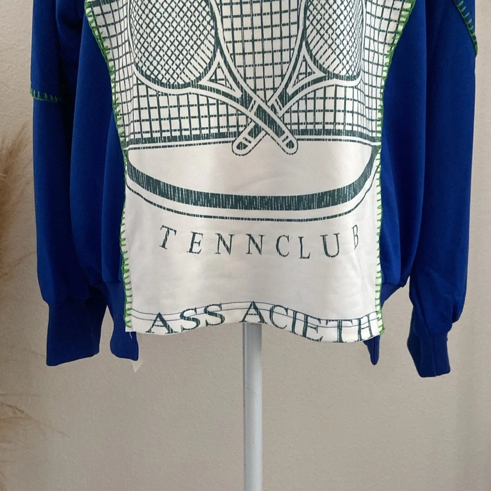 pieced sweatshirt top trendy mixed media long sleeve embroidered blue white M - Picture 5 of 16